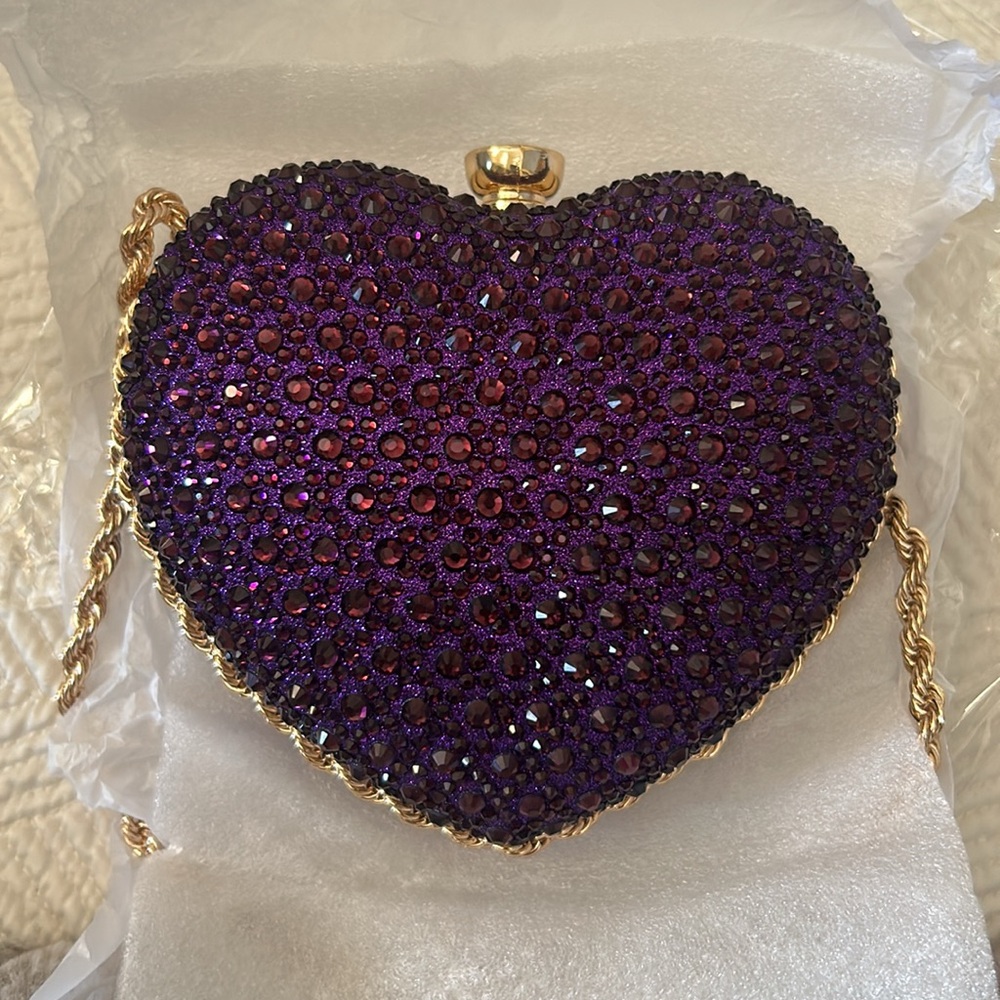 Purple Heart Shaped Rhinestone Inlaid, Metal Chain Strap Handbag / Clutch - Picture 13 of 15